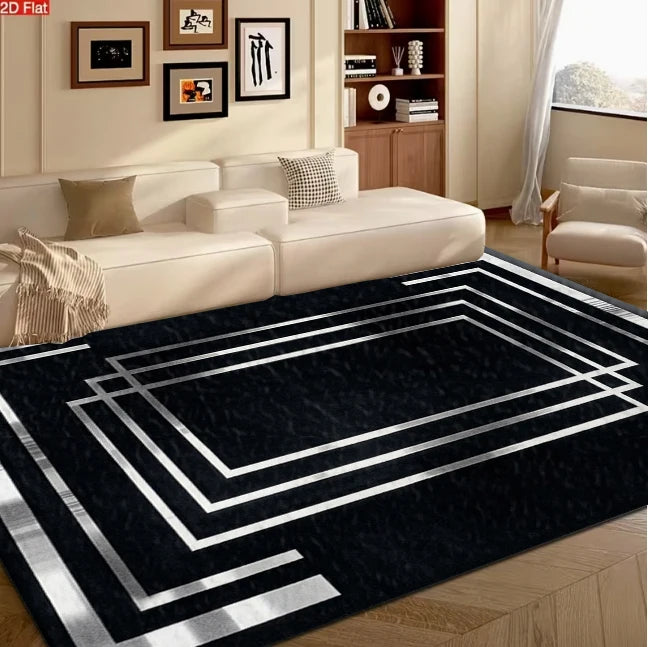Black Silver Geometric Pattern Layered Frame Carpet Modern Art Decor Non-Slip Carpet Floor Mat Suitable for Living Room Bedroom Home Decor