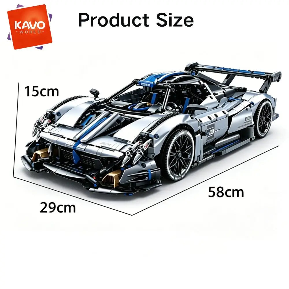 KAVOWORLD 1:8 Scale Silver-Blue Technical Super Racing Sports Car Building Blocks Set 3526pcs DIY STEM Assembly Premium ABS Racing Car Building Bricks Toy Model with Rear Linkage Engine & Track Wing, Ideal Birthday Christmas