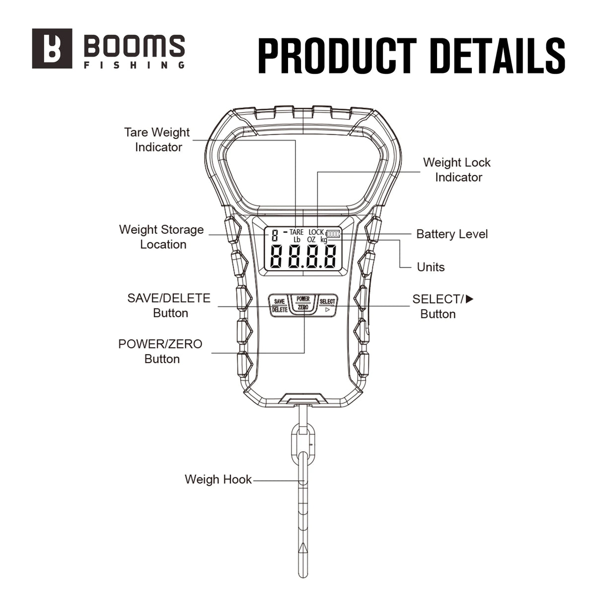 Booms Fishing XW50 LCD Digital Fish Scale Potrable Waterproof Weigh Scale 65lb/30kg Luggage Scale Charging Fishing Accessories