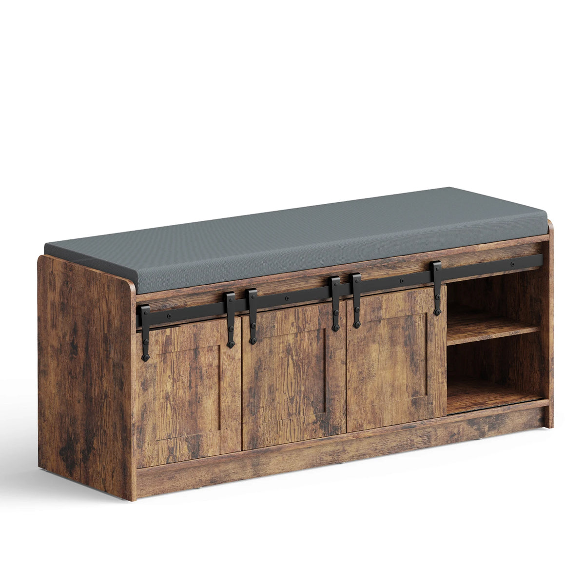 TinyNest 41.7 inch Shoe Storage Bench With Padded Seat Cushion For Entrance, Farmhouse Wooden Entryway Shoe Rack Organizer Cabinets With 4 Adjustable Shelf & 3 Sliding Doors For Hallway, Living Room, Bedroom