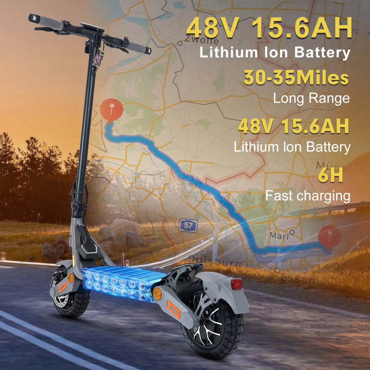 Electric Scooter for Adults 1200W Motor, 48V Lithium Battery, 35MPH Max Speed, 10" Off Road Tires, Disc Brakes, Foldable E Scooter