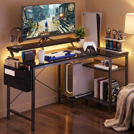 JHK 40IN to 48IN L Shaped with Storage Shelves Computer Desk Gaming Wood Table with USB Charging Ports LED Lights for Office