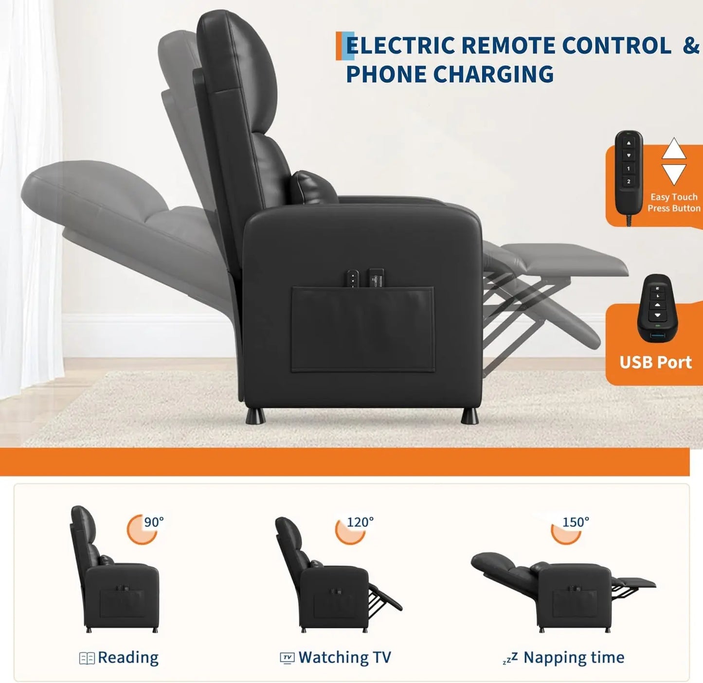 Power Recliner Chair with Heat & Massage – Adjustable Electric Recliner, Ergonomic Overstuffed PU Leather Single Sofa, 2 Side Pockets & USB Port, Home Theater Seating for Living Room