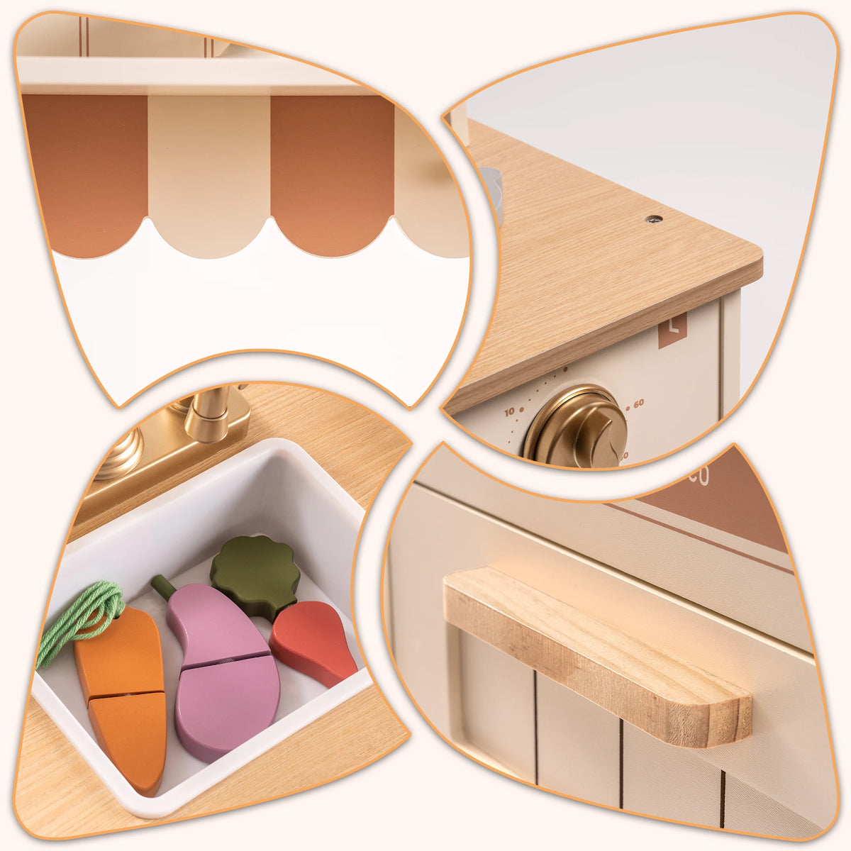 Robud Play Kitchen for Kids Toddlers Wooden Pretend Play Kitchen Set Toy with Cutting Food Set Toys Kitchen Gift for 3+ Kids Beige