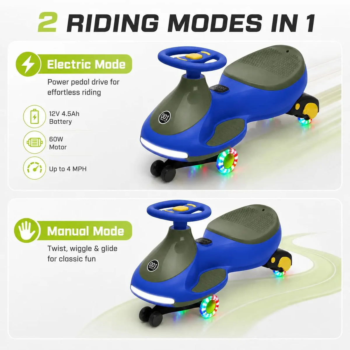 12V Electric Wiggle Car Kids With Pedal, 2 in 1 Ride On Swing Car, LED Wheels, Music, Rechargeable Battery, 2 Speeds, Indoor/Outdoor, for Boys and Girls
