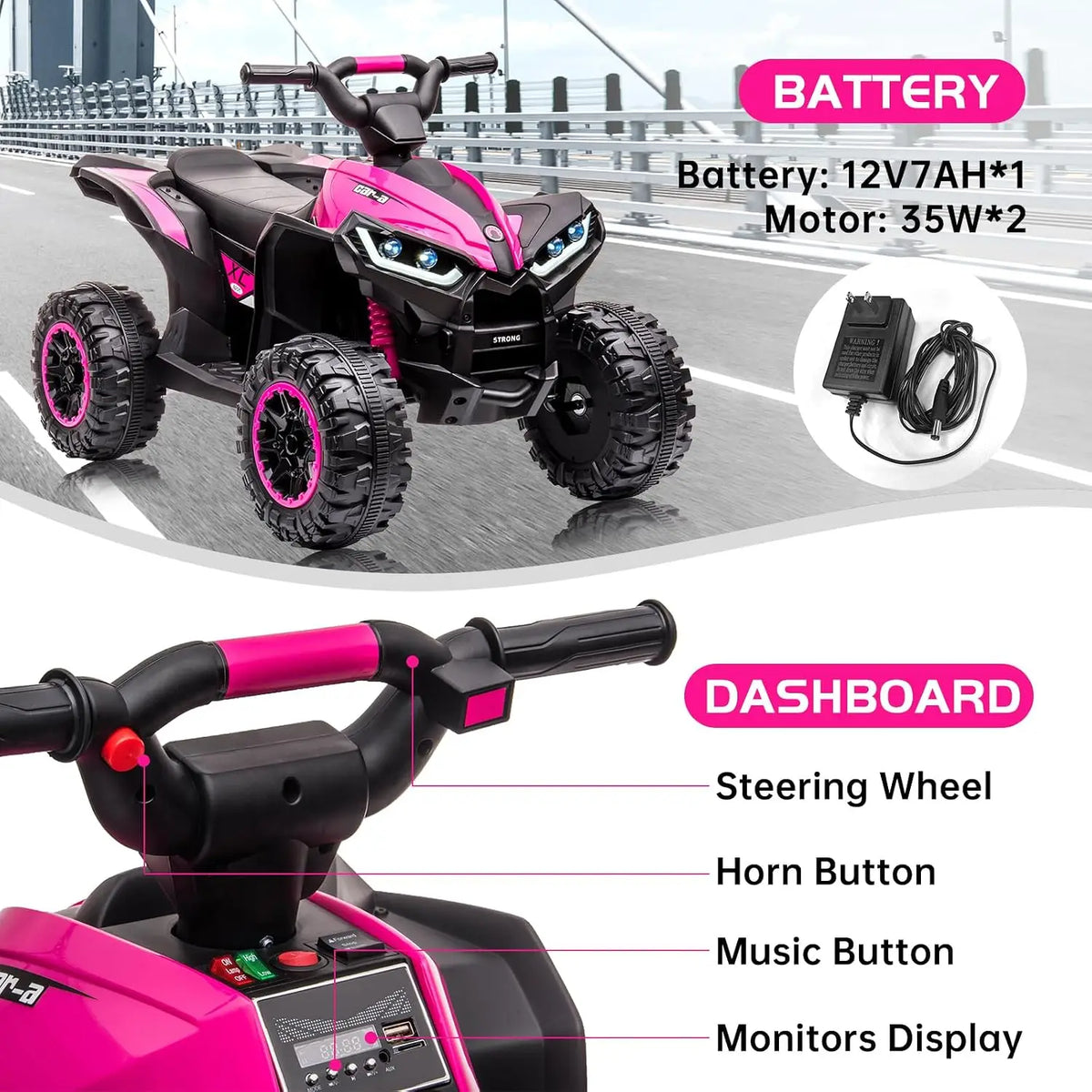 TWISTER.CK Pink 12V Electric Ride-On ATV for Kids – 4-Wheeler Quad with Remote Control, LED Lights, Music, High/Low Speed, USB, Battery Powered, for Toddlers Ages 3-8
