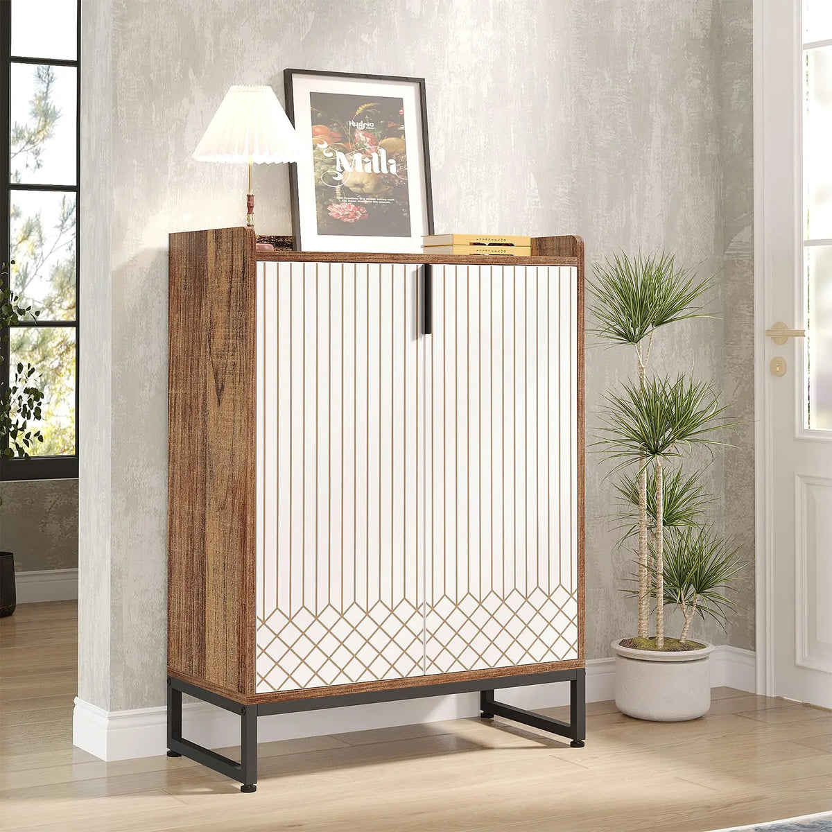 Tribesigns White Shoe Cabinets with Doors, 5-Tier Shoe Rack, Wood Storage Cabinet for Bedroom Hallway Living Room