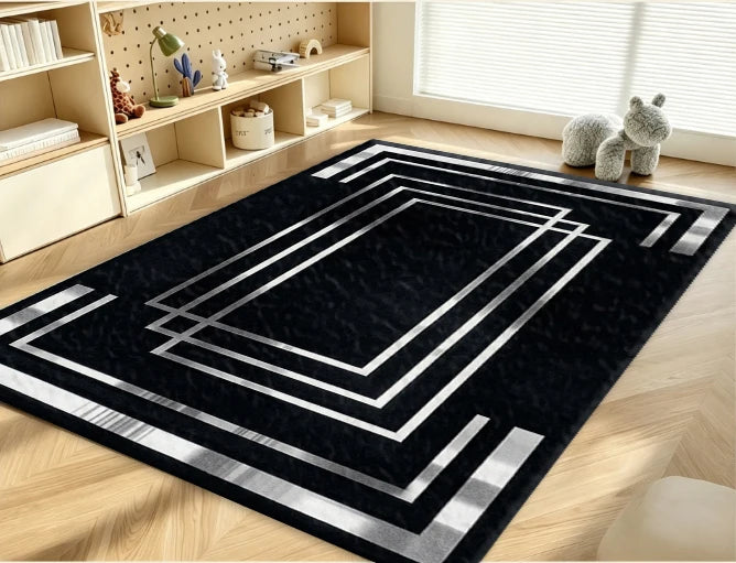 Black Silver Geometric Pattern Layered Frame Carpet Modern Art Decor Non-Slip Carpet Floor Mat Suitable for Living Room Bedroom Home Decor