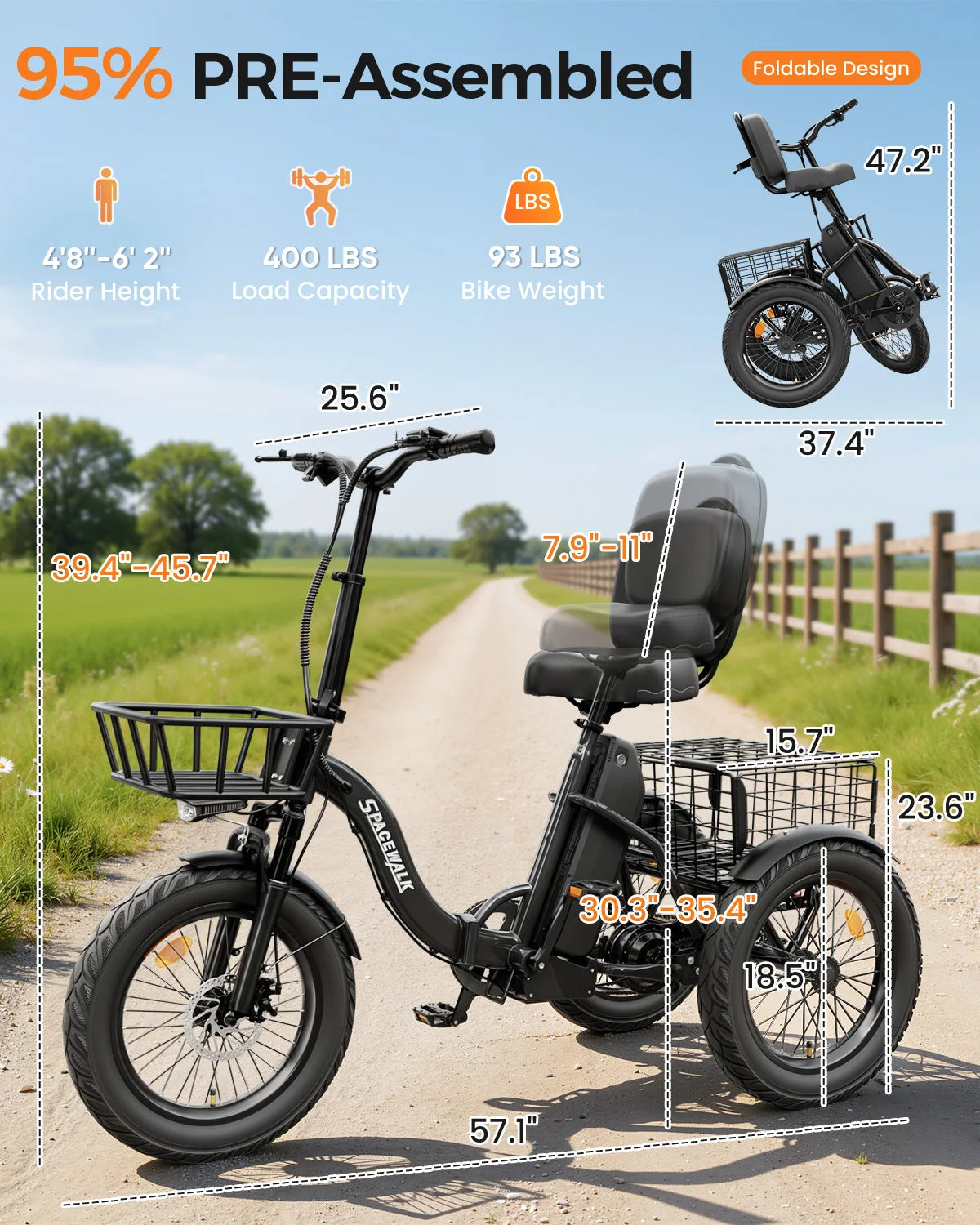 Spacewalk 1200W Peak Electric Trike for Adults, 48V 15Ah Battery 3 Wheel Electric Bike with 18"x3.0 Fat Tires, 60 Miles Range, Folding Cargo E-Bike with Wide Comfort Seat & Basket for Seniors-Black