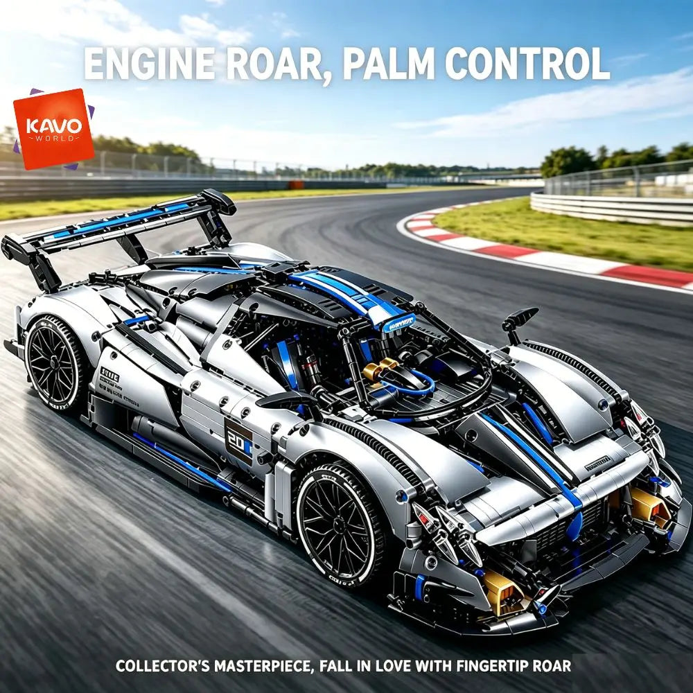 KAVOWORLD 1:8 Scale Silver-Blue Technical Super Racing Sports Car Building Blocks Set 3526pcs DIY STEM Assembly Premium ABS Racing Car Building Bricks Toy Model with Rear Linkage Engine & Track Wing, Ideal Birthday Christmas