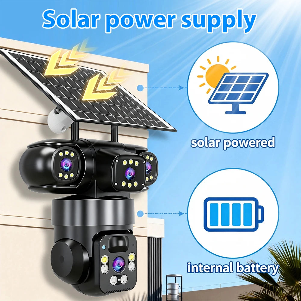 4 Lens Solar Security Camera Wireless Outdoor WiFi PTZ Camera 8000mAh Battery Solar Powered Human Auto Tracking Color Night Vision Two Way Audio IP66 Waterproof V380 Home Surveillance CCTV Camera