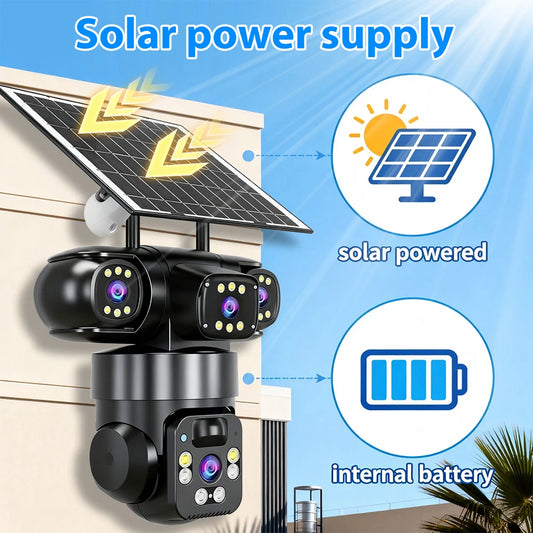 4 Lens Solar Security Camera Wireless Outdoor WiFi PTZ Camera 8000mAh Battery Solar Powered Human Auto Tracking Color Night Vision Two Way Audio IP66 Waterproof V380 Home Surveillance CCTV Camera