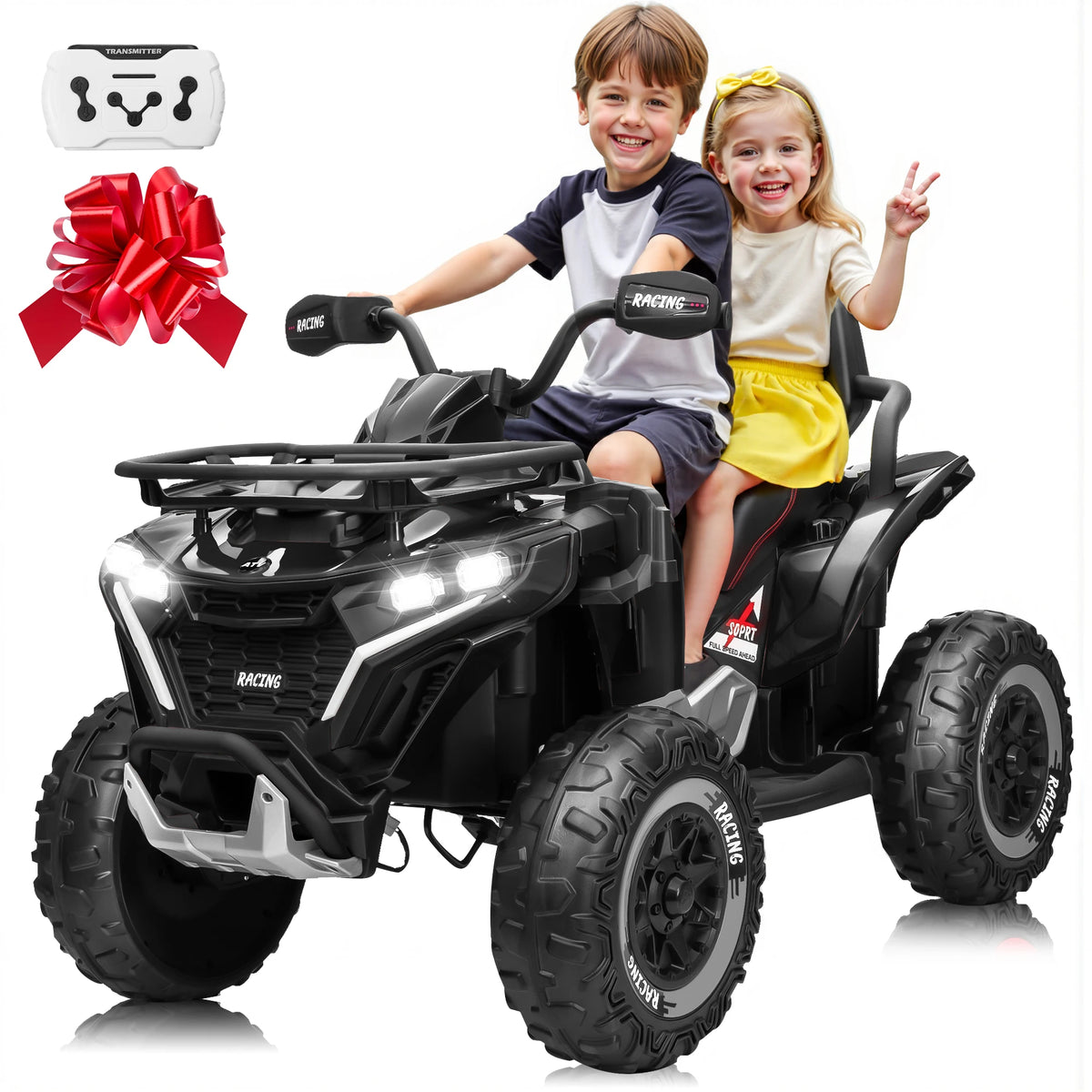 24V Ride on Car, Kids ATV XL Four Wheeler W/EVA Tires, 19-Inch Leather 2 Seater, 800W Motors, Remote Control, Knee Pads, Flower, 24 Volt Ride on Toys Quad for Big Kids
