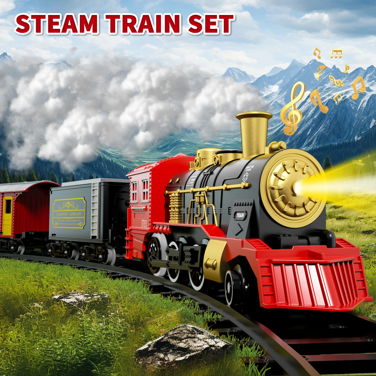 Electric Train Set for Kids Boys and Girls, Classic Christmas Train Toys, Steam Locomotive Engine, Lights & Sound, Tracks
