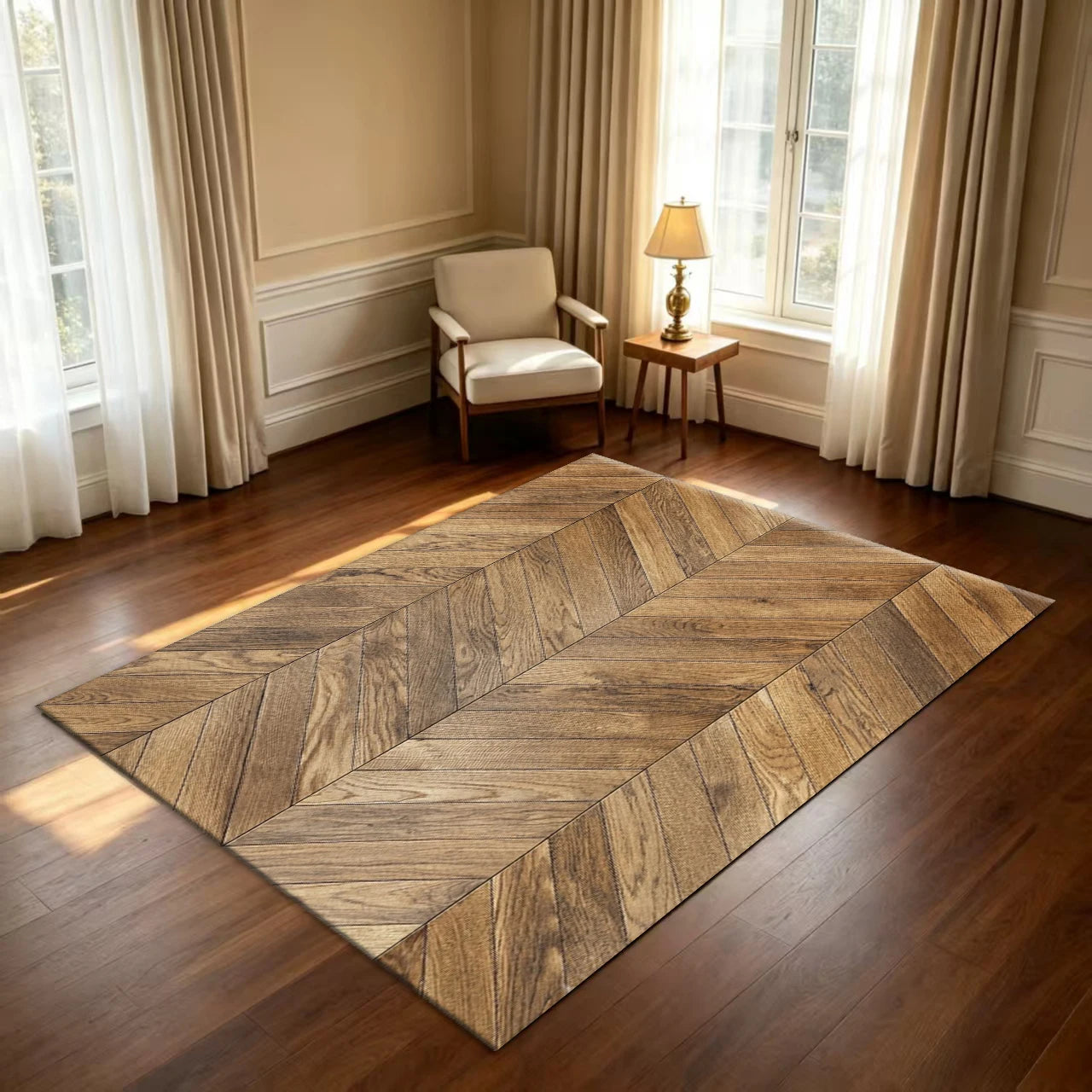 Herringbone Wood Grain Area Rug Simulation Wooden Floor Pattern Non‑Slip Soft Floor Carpet for Living Room Bedroom Home Decor Mat