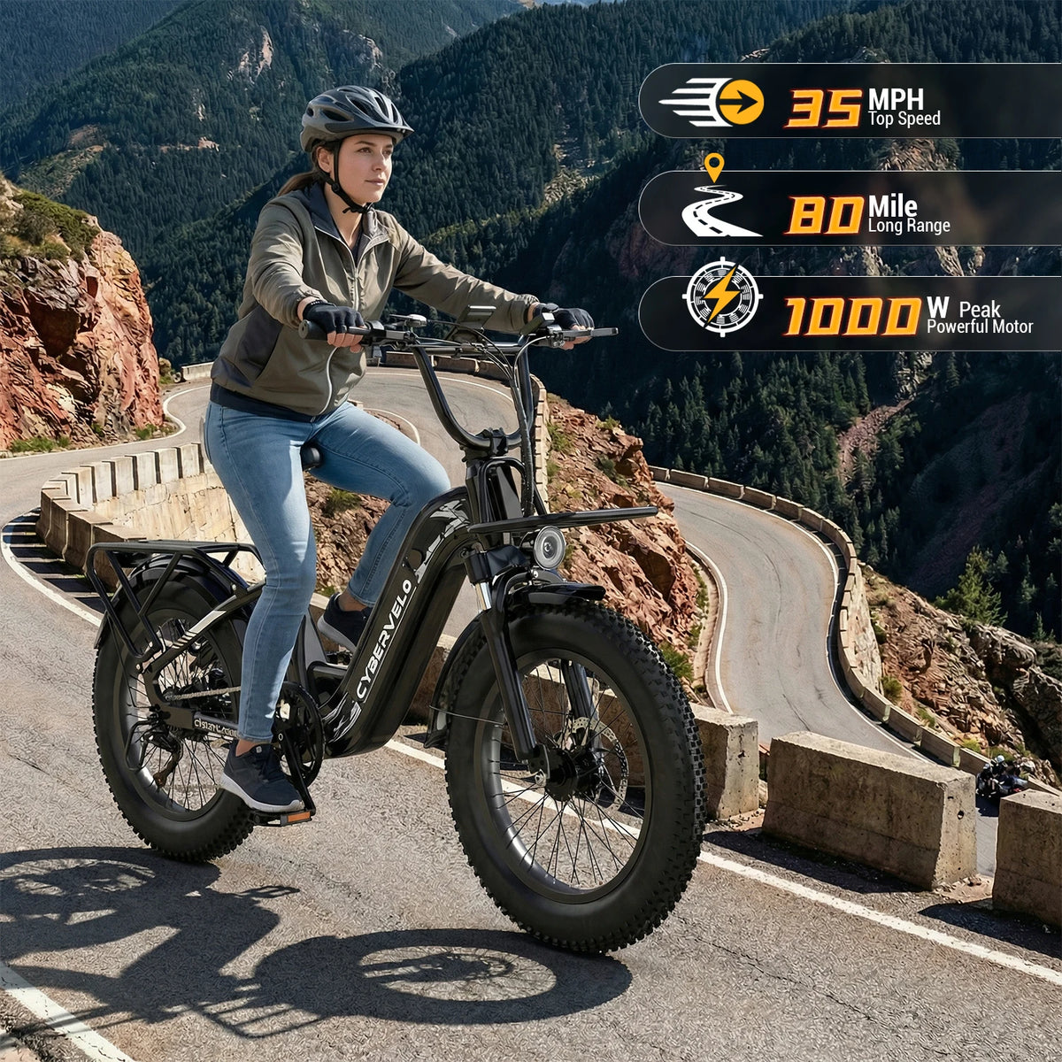 Cybervelo 1000W Motor Peak Electric Bike for Adults 48V 20AH Removable Battery Step Thru EBike 30+MPH 80 Miles Max Range 20" Fat Tire Electric Bicycles with 7 Speed EK8
