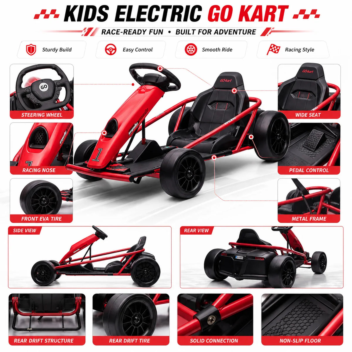 Kids Electric Go Kart 24V Dual 300W Brushless Motors 8 MPH Drift Racing Car with Wide Seat EVA and Nylon Tires Battery Powered Ride On Toy for Boys Girls Ages 8 12 Red