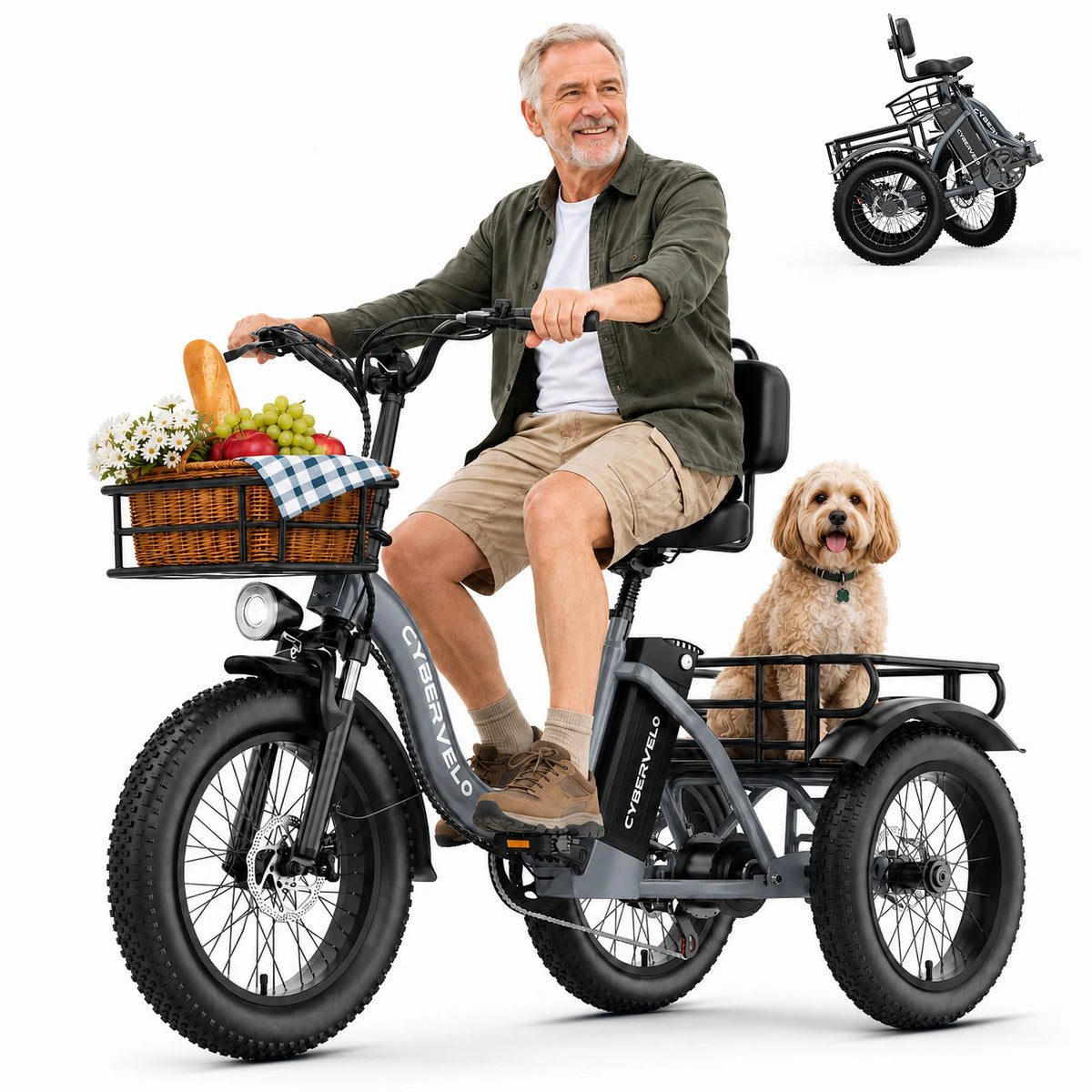 Cybervelo C16 1000W Peak Folding Fat Tire Step-Thru Adult Electric Tricycle 20.8Ah Removable Battery Cargo E-Trike for Seniors