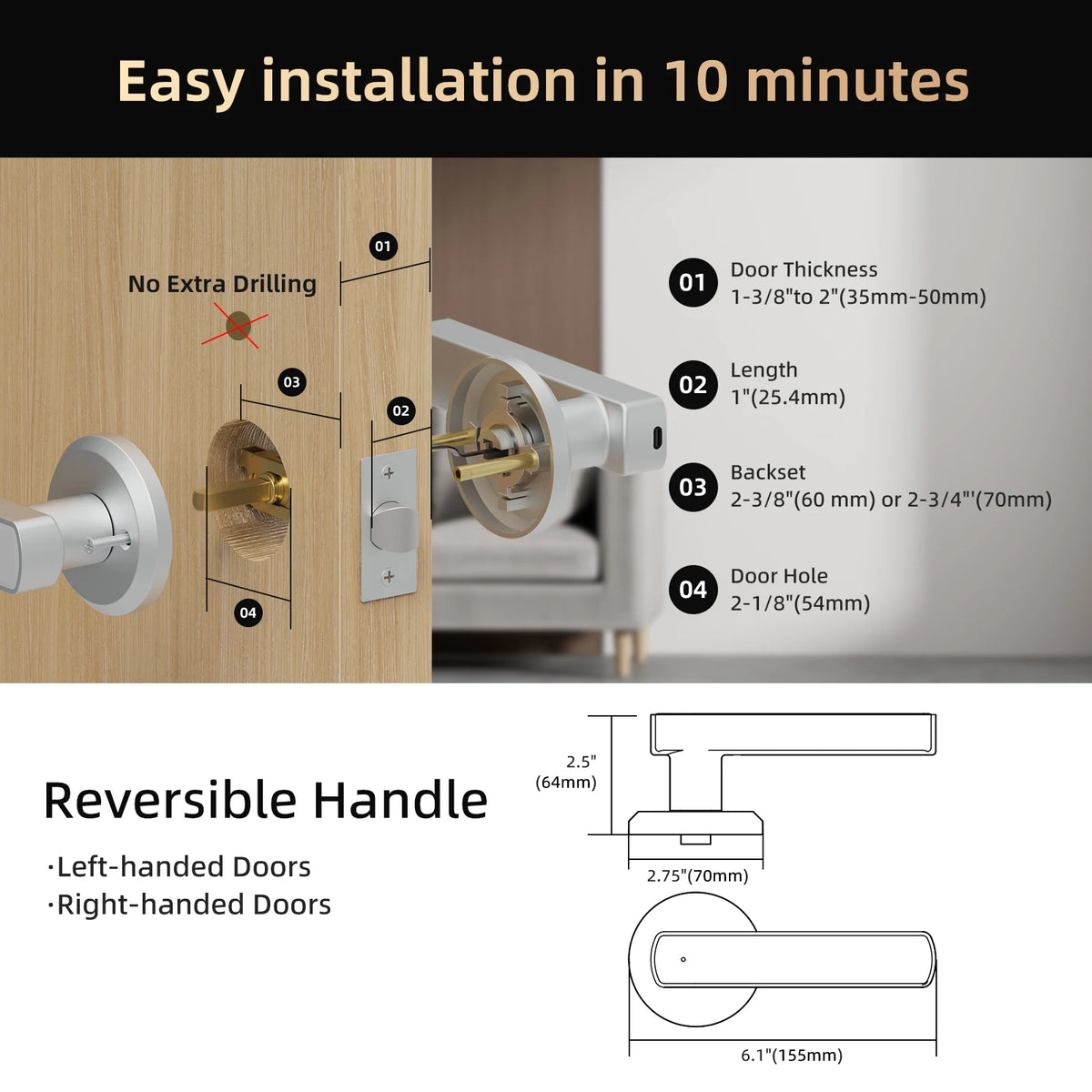 Viladepot Smart Lock Fingerprint, Passcode, Card, App Control, Type-C Emergency Power, Indoor Door Lock