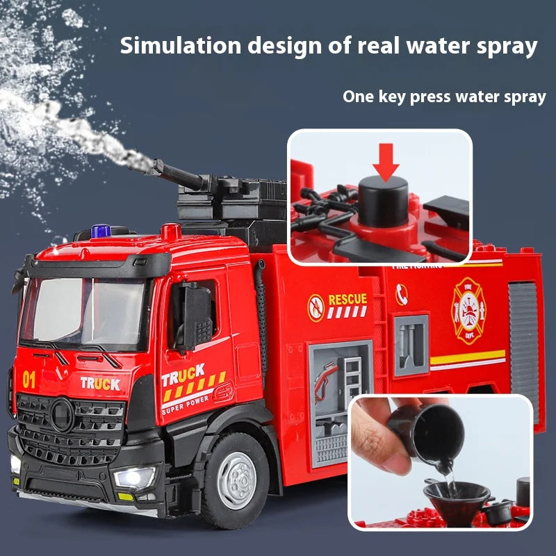 Large Water-Squirt Fire Water Tank Truck Model Metal Die-Cast Front Wheel Steering Children's Toy Car Ornaments  Gift