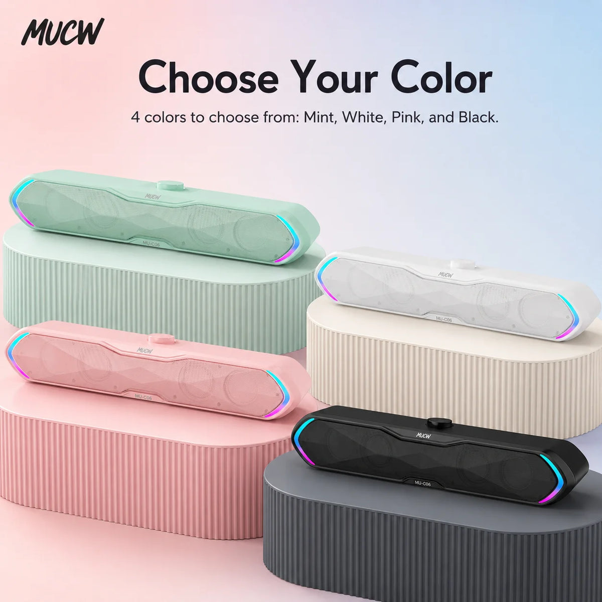 MUCW MU‑C06 PC Soundbar RGB Gaming Computer Speaker USB Plug Play Bluetooth 5.3 Sound Bar 6W Stereo Desktop Speaker for Laptop Mac Phone