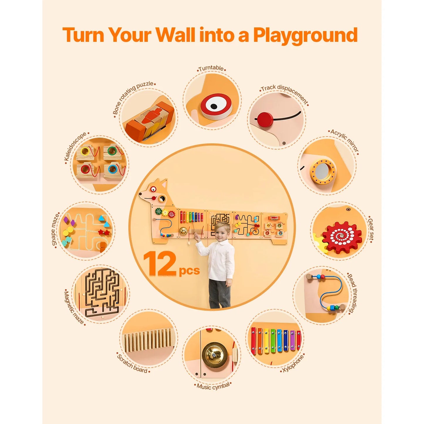 SucceBuy Puppy Kids Wall Busy Panels 12 Activities Board Montessori Sensory Learning Activity Center for Children Playroom Toys