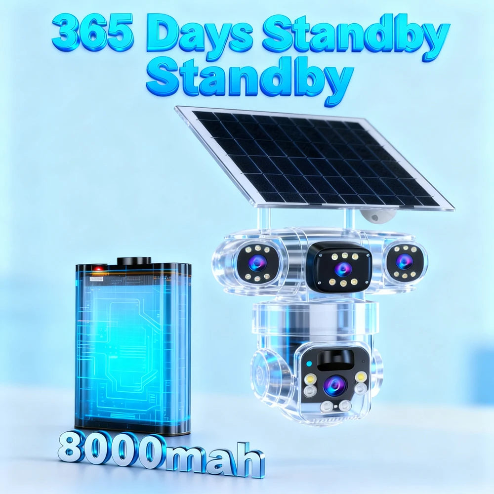 4 Lens Solar Security Camera Wireless Outdoor WiFi PTZ Camera 8000mAh Battery Solar Powered Human Auto Tracking Color Night Vision Two Way Audio IP66 Waterproof V380 Home Surveillance CCTV Camera