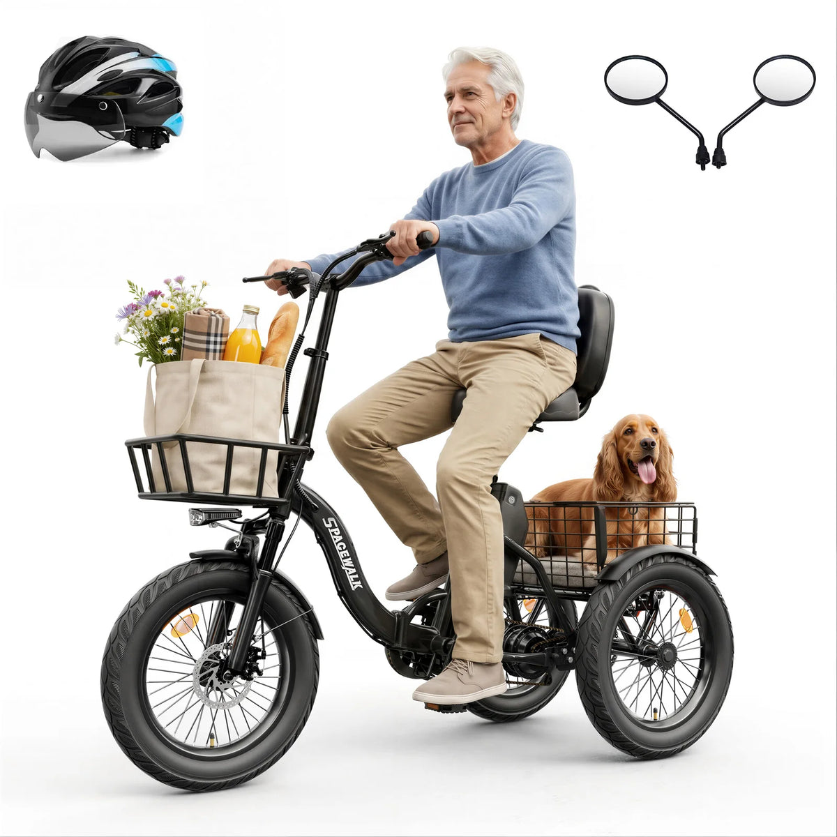 Spacewalk 1200W Peak Electric Trike for Adults, 48V 15Ah Battery 3 Wheel Electric Bike with 18"x3.0 Fat Tires, 60 Miles Range, Folding Cargo E-Bike with Wide Comfort Seat & Basket for Seniors-Black