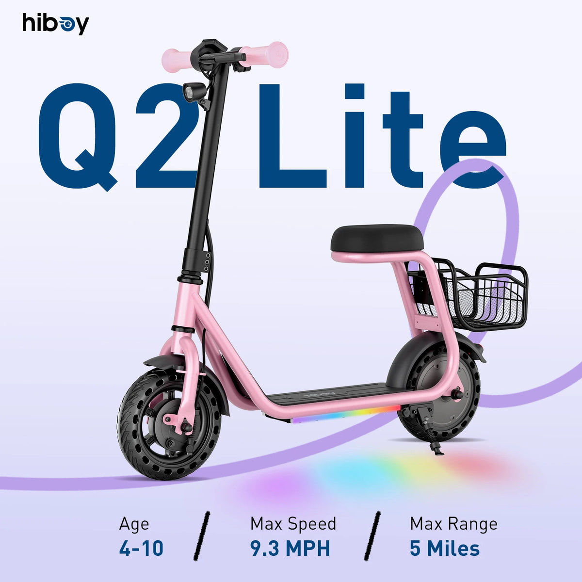 Hiboy Q2 Lite Kids Electric Scooter with Seat 100W Motor 9.3MPH Children E-Scooter UL Certified Battery LED Lights Gift for Boys Girls Ages 4-10
