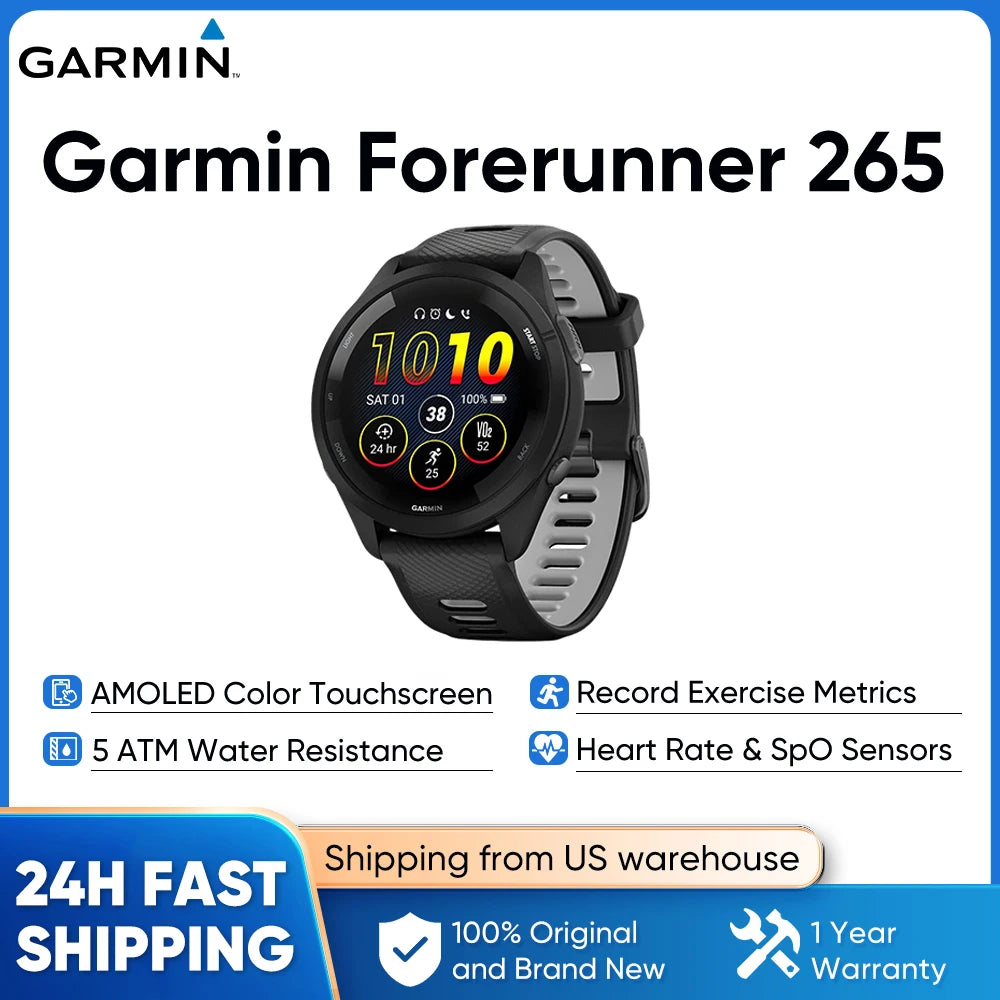 Garmin Forerunner 265 GPS 46mm Smartwatch 1.3" AMOLED Touchscreen Display Heart Rate Monitoring Training Metric Message Notice