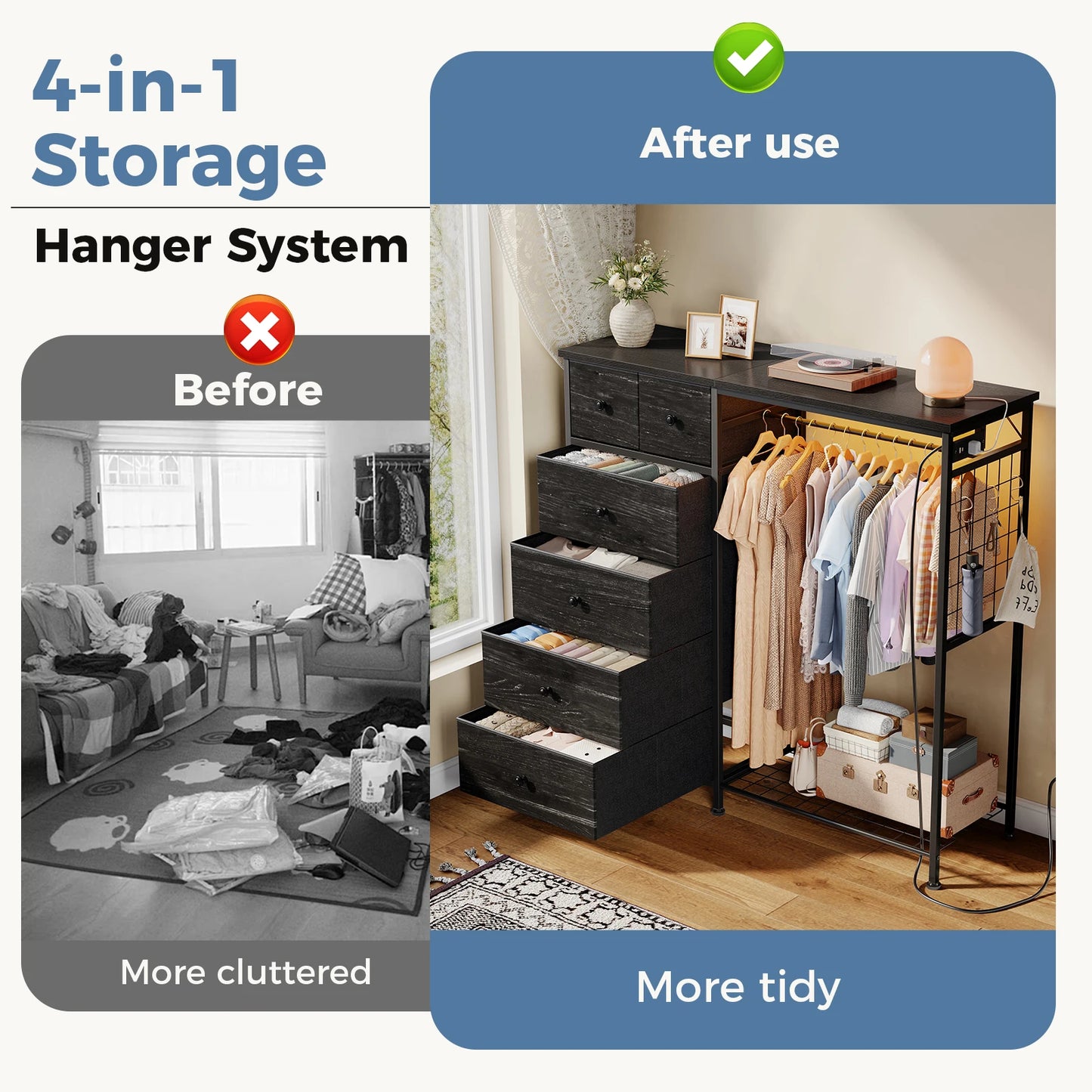 JHK 6 Drawer Fabric Dresser with Hanging Rack for Living Room Closet Storage Organizer with Charging Station and LED Lights for Home Entryway