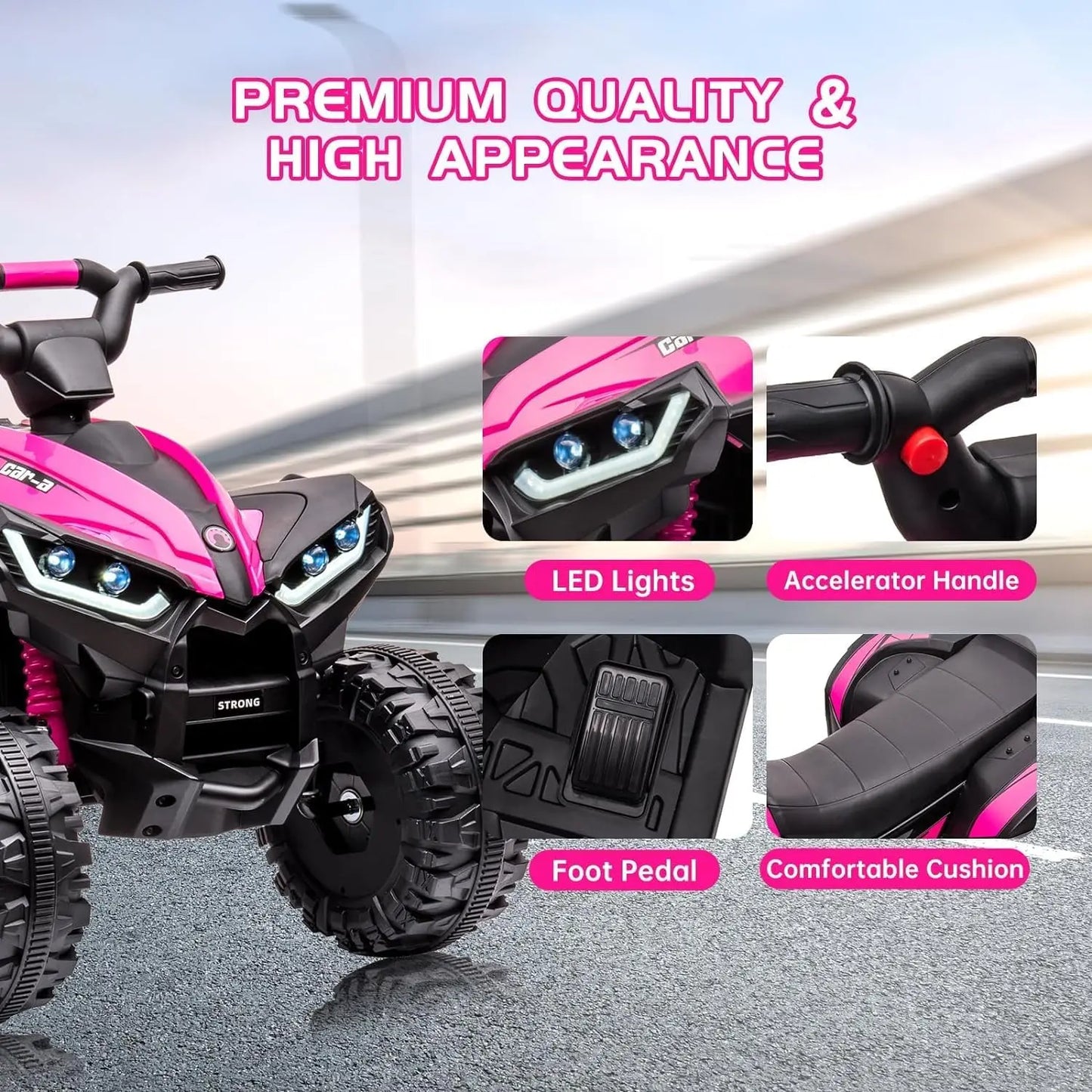TWISTER.CK Pink 12V Electric Ride-On ATV for Kids – 4-Wheeler Quad with Remote Control, LED Lights, Music, High/Low Speed, USB, Battery Powered, for Toddlers Ages 3-8