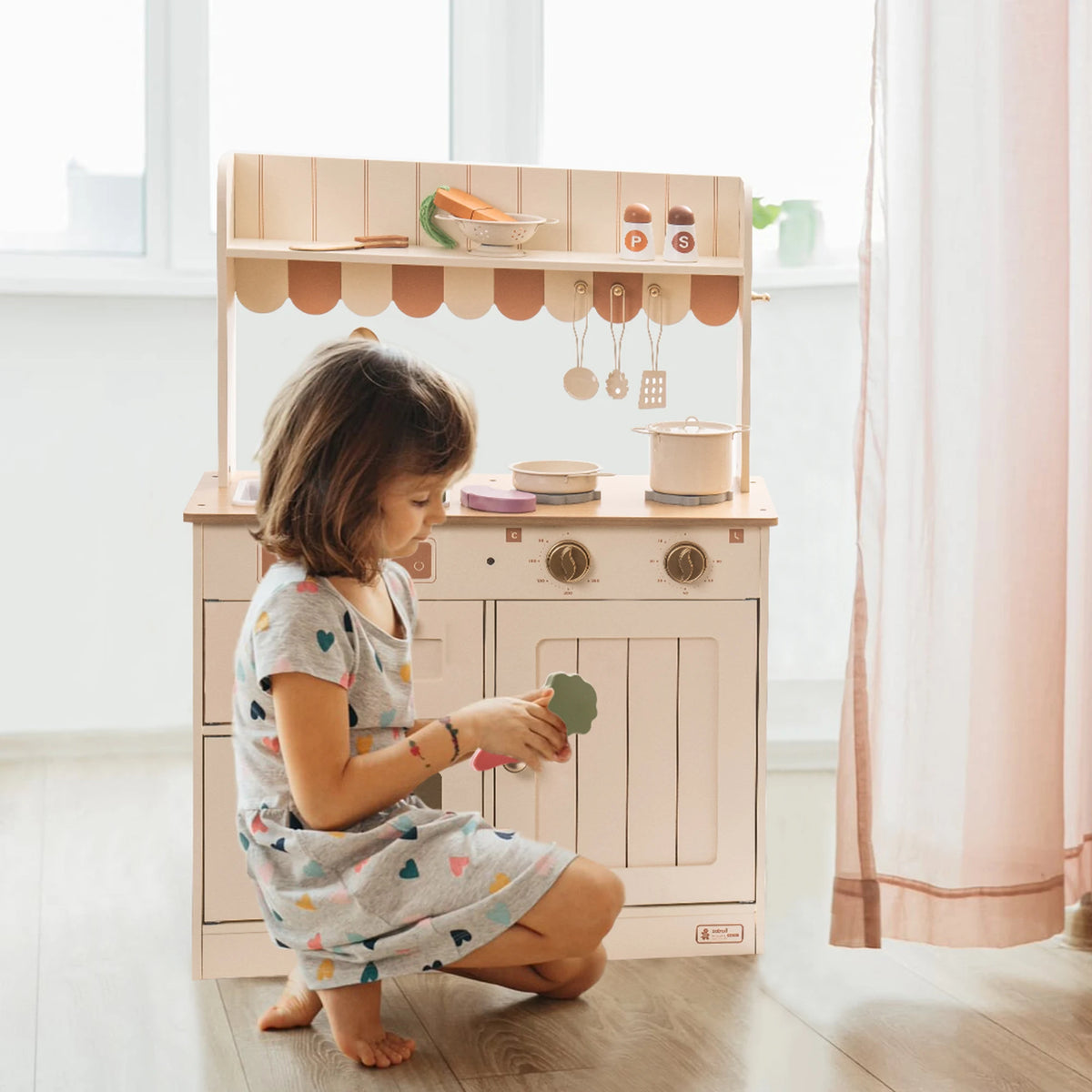 Robud Play Kitchen for Kids Toddlers Wooden Pretend Play Kitchen Set Toy with Cutting Food Set Toys Kitchen Gift for 3+ Kids Beige