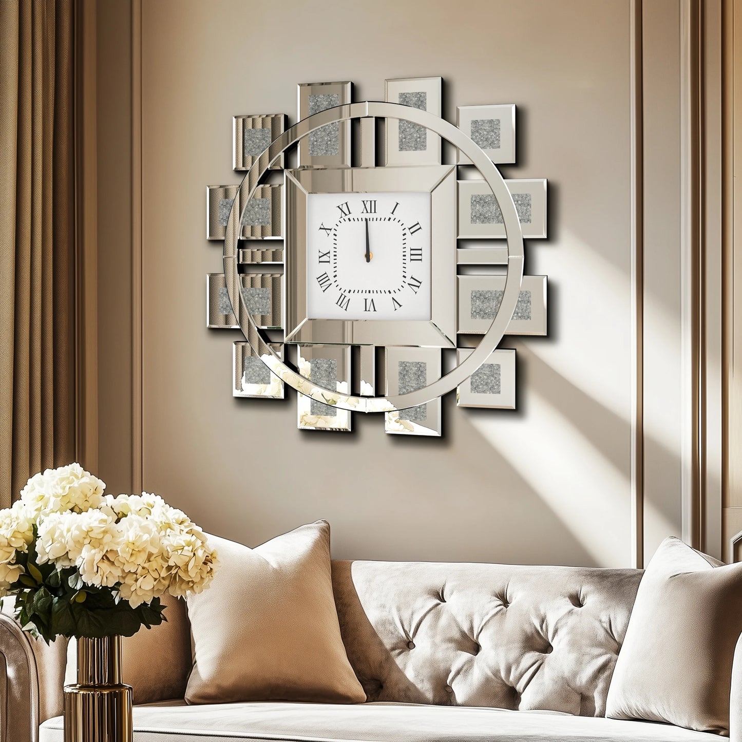 Wall Clock 60cm/24" Round Clock with Crushed Diamond Decor Beveled Mirror Edge Frame Silver for Entry, Livingroom, Office