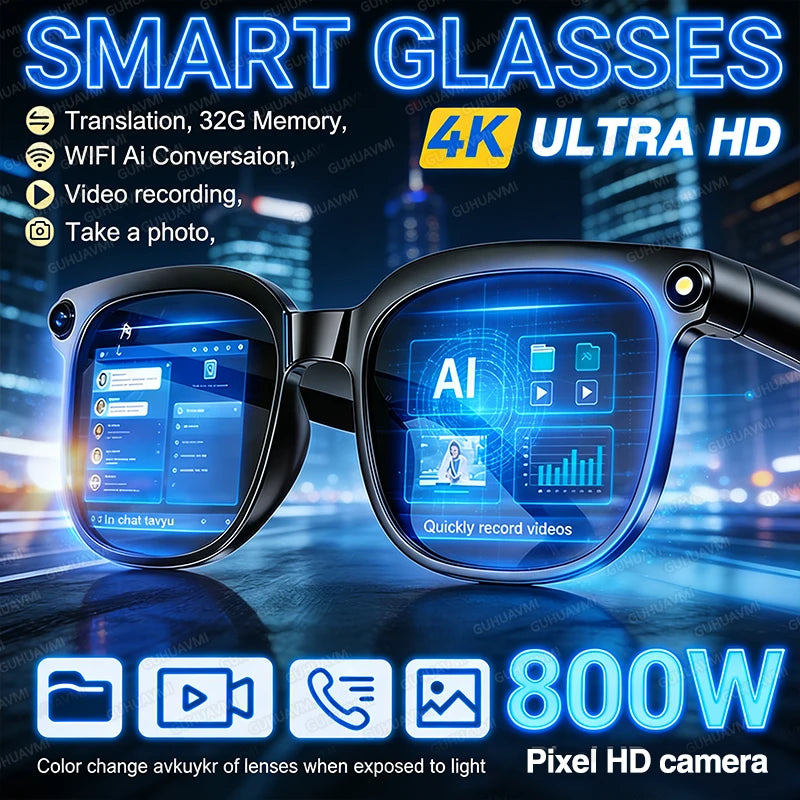 2026 Smart AI Glasses Men New 4K HD 800W Pixel Camera 32GB Memory 120+ Translation ChatGPT Music Shoot Photos & Video Sunglasses