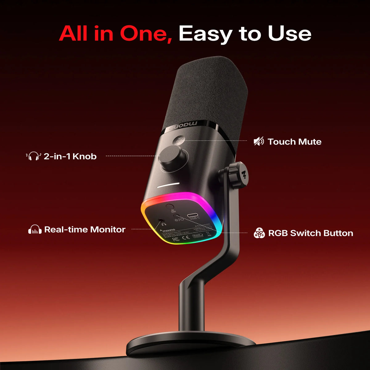 MAONO PD100W Wireless USB Dynamic Microphone Cardioid Microphone with One-Touch Mute Noise Reduction Custom RGB Light  Real-Time Monitoring Microphone for PC Gaming Live Streaming Creator Podcast