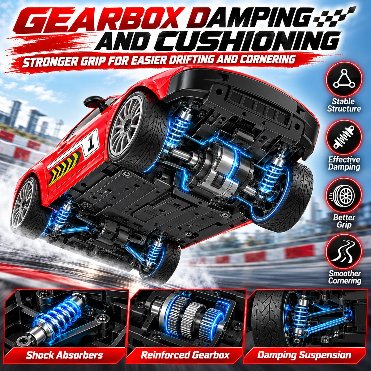 1:20 4WD RC Drift Car 2.4Ghz Full‑Proportional Remote Interchangeable Drift & Racing Tires Gearbox Damping Multi‑LED Light Racing Hobby Toy