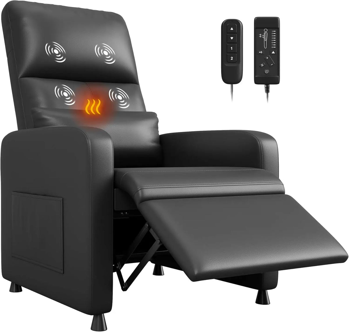 Power Recliner Chair with Heat & Massage – Adjustable Electric Recliner, Ergonomic Overstuffed PU Leather Single Sofa, 2 Side Pockets & USB Port, Home Theater Seating for Living Room
