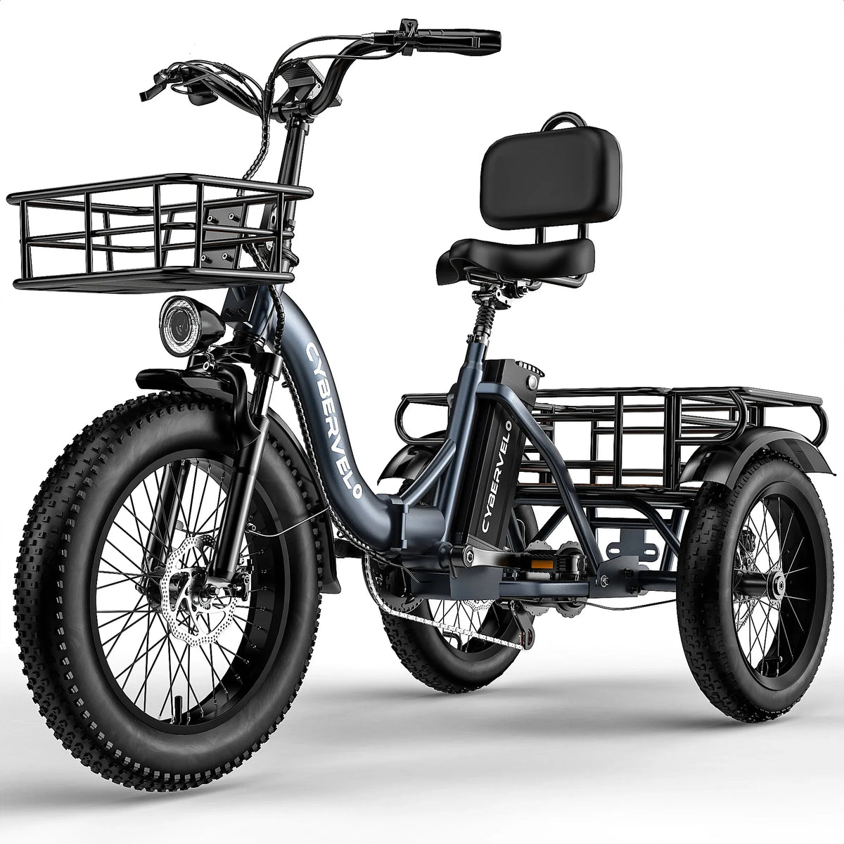 Cybervelo C16 1000W Peak Folding Fat Tire Step-Thru Adult Electric Tricycle 20.8Ah Removable Battery Cargo E-Trike for Seniors