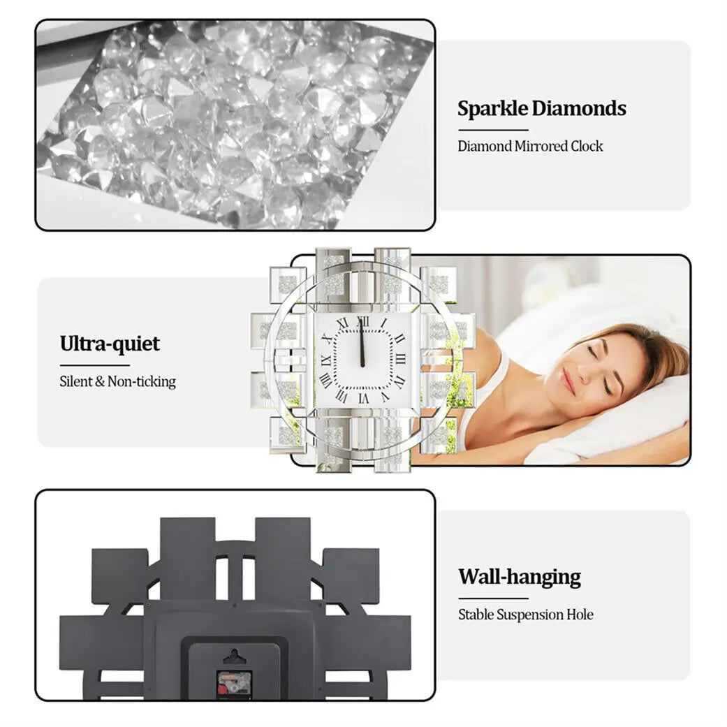 Wall Clock 60cm/24" Round Clock with Crushed Diamond Decor Beveled Mirror Edge Frame Silver for Entry, Livingroom, Office