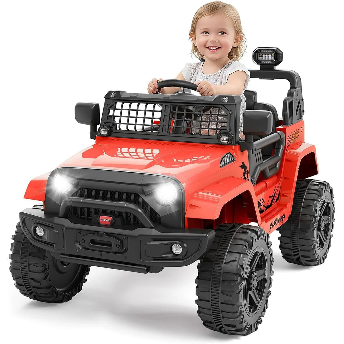 12V Kids Electric Ride on Truck with Parent Remote Control Spring Suspension Bluetooth Speaker LED Headlights All Terrain Toy Car with Safety Belt for Toddlers Outdoor Driving Gift