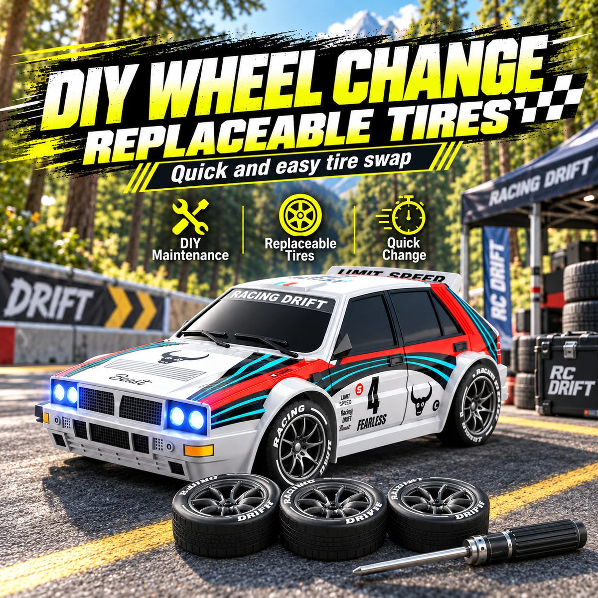 ZNLYRION RC Car Drifting Race Car 1:24 Scale 4 Wheel Drive 20km/h Adjustable High/Low Speed With Spare Drift Tires LED Headlight Taillight RC Toy For Boys Adult