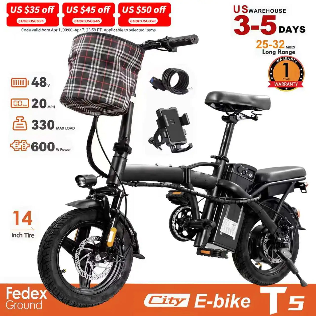 T5 14Inch Folding Electric Bike for Adult Commuters 48V 750W Peak 20MPH 18-22 Miles Range Disc Brake Lightweight E-bike
