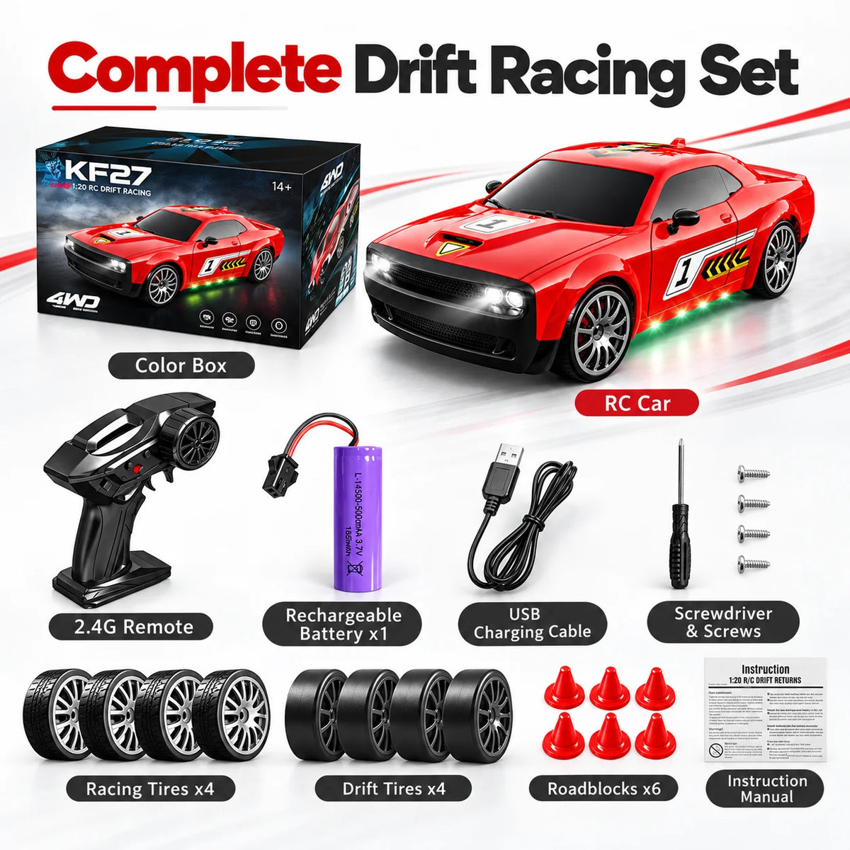 1:20 4WD RC Drift Car 2.4Ghz Full‑Proportional Remote Interchangeable Drift & Racing Tires Gearbox Damping Multi‑LED Light Racing Hobby Toy